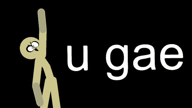 a black background with a yellow stick figure and the word ugae