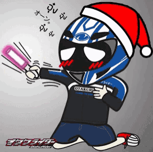 a cartoon of a biker wearing a santa hat and holding a light saber