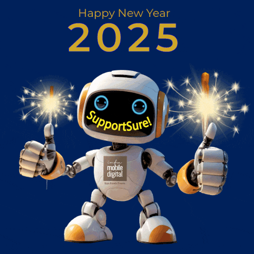 a robot is holding sparklers in front of a blue background that says " happy new year 2025 "