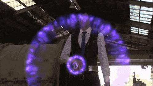 a man in a suit and tie is surrounded by purple glowing circles