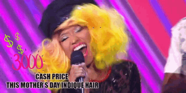 a woman with yellow hair singing into a microphone with the words cash price this mother 's day indicque hair