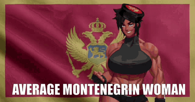 an average montenegrin woman is shown in front of a red flag