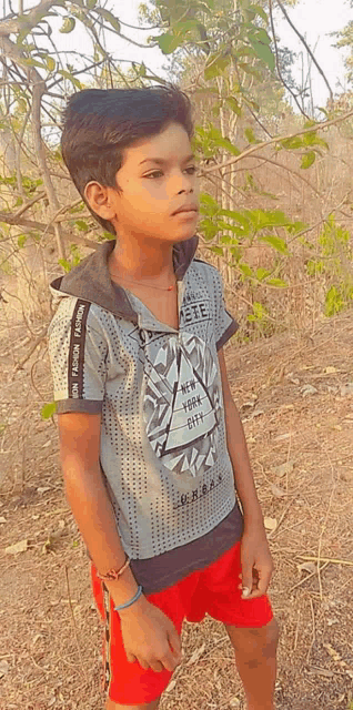a young boy wearing a grey shirt that says ' free city ' on it