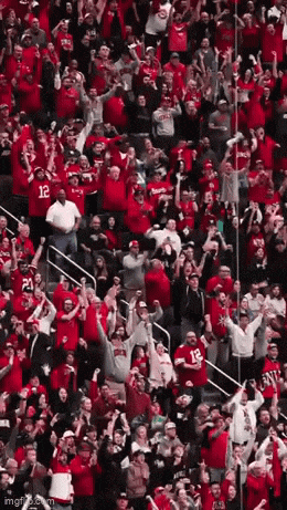 a crowd of people in red shirts are standing in a stadium watching a game .