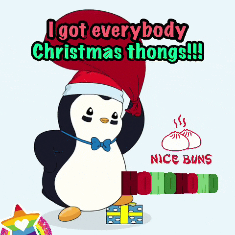 a penguin is wearing a santa hat and carrying a bag that says " i got everybody christmas thongs "
