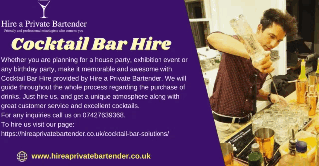 hire a private bartender cocktail bar hire ad