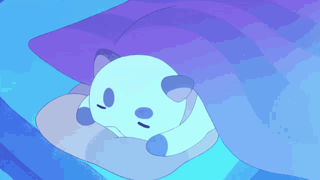 a cartoon drawing of a cat sleeping under a purple blanket