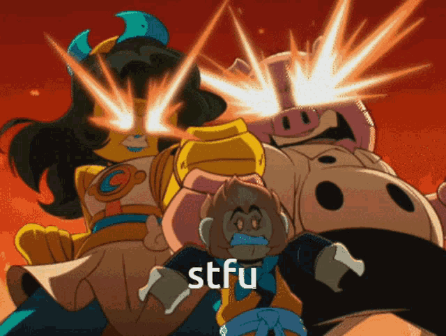 a cartoon character with the word stfu written on the bottom