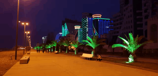a woman sits on a bench in front of a row of palm trees lit up at night