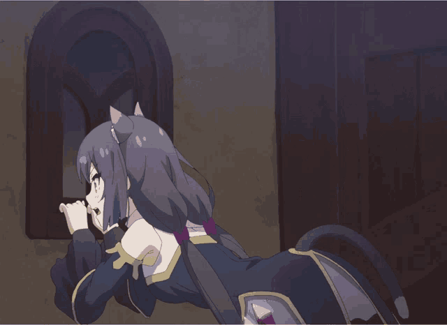 a girl with a cat ear and tail looks out of a window