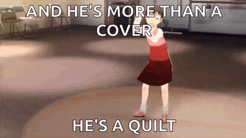 a girl in a red skirt is dancing in a room with the words and he 's more than a cover