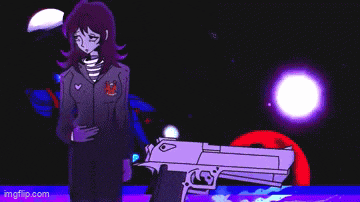 a cartoon girl is standing next to a gun on a purple background .