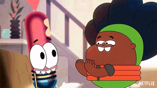 a couple of cartoon characters standing next to each other with a netflix logo in the corner