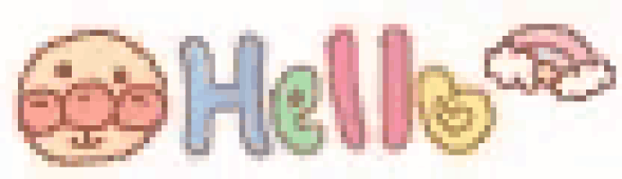 the word hello is written in a pixel art style with smiley faces and stars .
