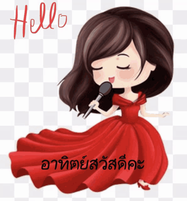 a girl in a red dress singing into a microphone with the word hello written above her