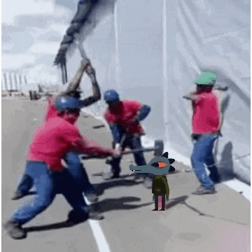 a group of construction workers are working on a building and a cartoon character is standing in the middle of the group .