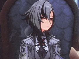 a girl with gray hair and red eyes is wearing a suit