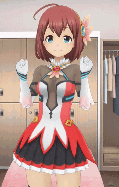 a girl in a red and white dress is standing in front of a wardrobe