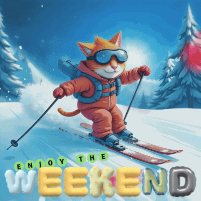 an illustration of a cat skiing with the words enjoy the weekend below