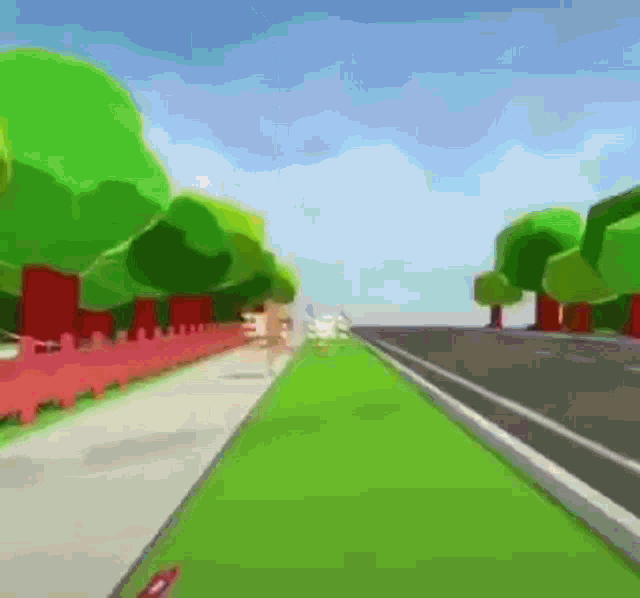 a cartoon drawing of a street with trees on the side