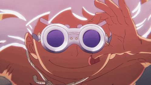 a cartoon character is wearing a pair of goggles with purple lenses