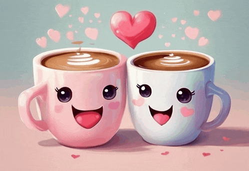 two cups of coffee with faces on them and hearts surrounding them