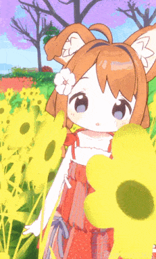 a girl with a flower in her hair is standing in a field of flowers