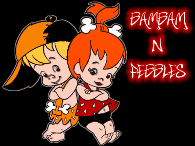 a cartoon of bambam and pebbles with the words bambam n pebbles below them