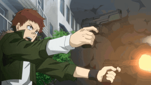 a man in a green jacket is pointing a gun at someone