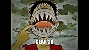a person is pointing at a cartoon character 's mouth with a shark mouth .