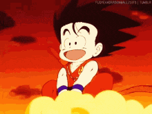 a cartoon character from dragon ball is sitting on a cloud .