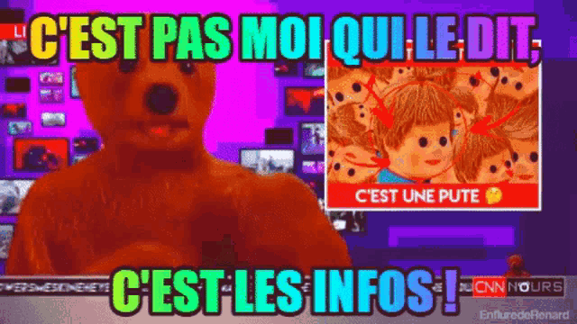 a teddy bear is standing in front of a screen that says c'est pas moi qu'le dit