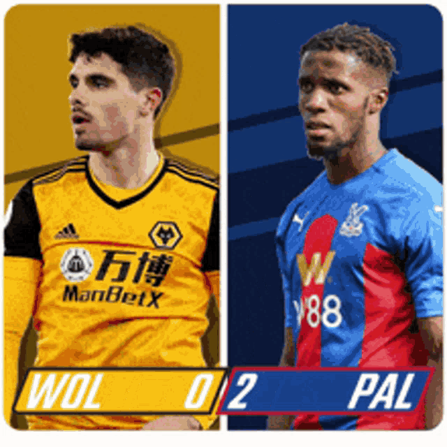 two soccer players are standing next to each other with wolves winning 2 to 0