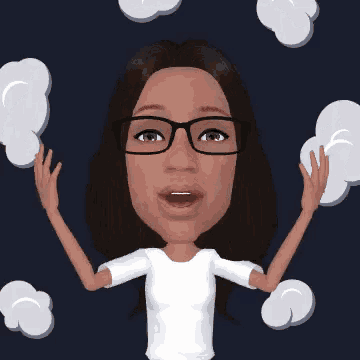 a cartoon of a woman wearing glasses with her hands in the air