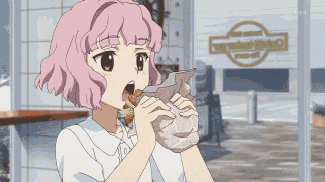 a girl with pink hair is eating a sandwich in front of a sign that says " curryland station "