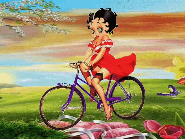betty boop rides a purple bicycle in a field