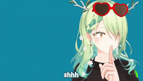a girl with green hair wearing heart shaped sunglasses and antlers says gang sign
