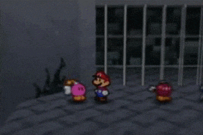 a video game character named mario is standing in a dark room