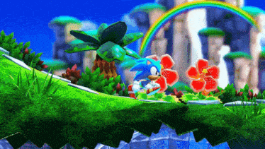 sonic the hedgehog in a video game with a rainbow and flowers