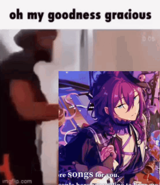 a man is standing next to a picture of a girl with purple hair and a caption that says oh my goodness gracious