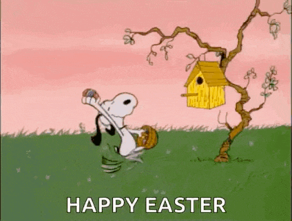 snoopy is holding an easter egg and a birdhouse in his hand .