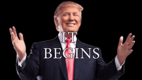 a man in a suit and tie with the words " it begins " behind him