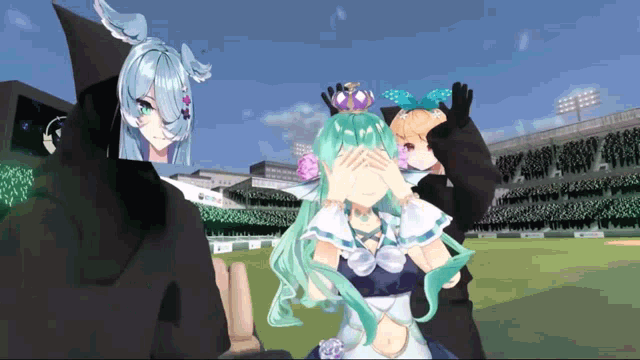 a girl with green hair and a crown on her head covering her eyes