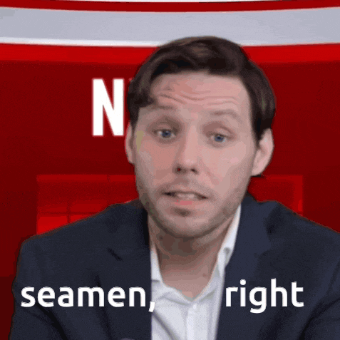a man in a suit says seamen right on a red background