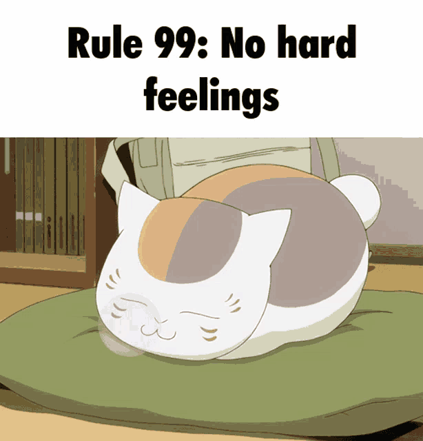 a cat laying on a pillow with the words rule 99 : no hard feelings above it