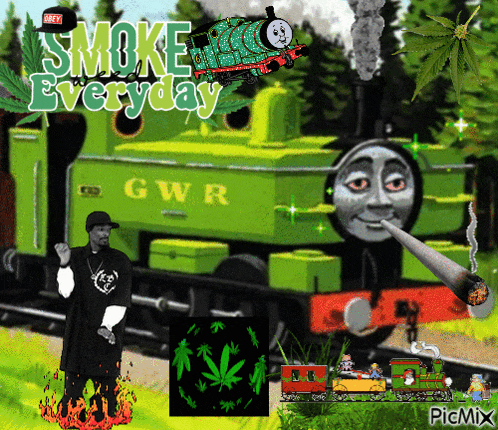 a picture of a train with the words " smoke everyday " on it