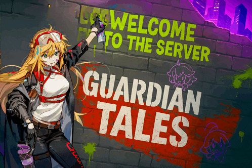 a girl is standing in front of a guardian tales sign
