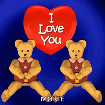 two teddy bears are sitting in front of a red heart that says i love you