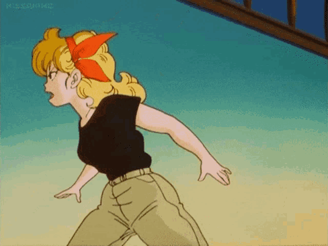 a cartoon girl with blonde hair and a red bow in her hair is running away from something .