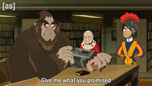 a cartoon character says give me what you promised in front of a book
